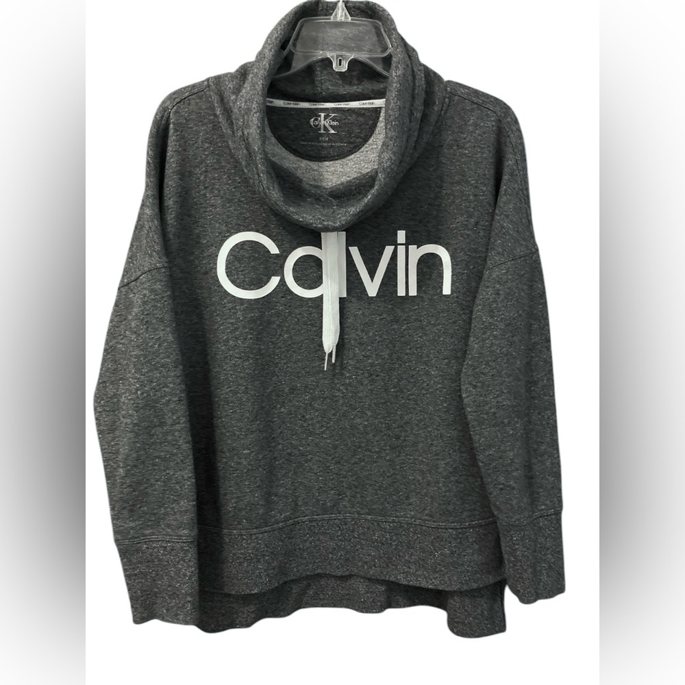 CALVIN KLEIN Small Heathered Gray Cowl Neck Sweatshirt High-Low “Calvin” Logo